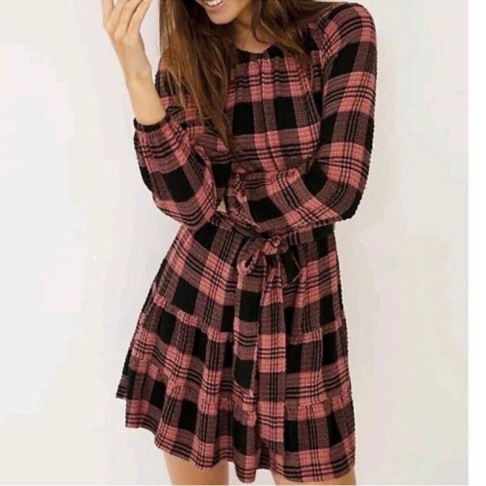 Anthropologie x cloth & stone Plaid Long Sleeve Dress - Pink and Black